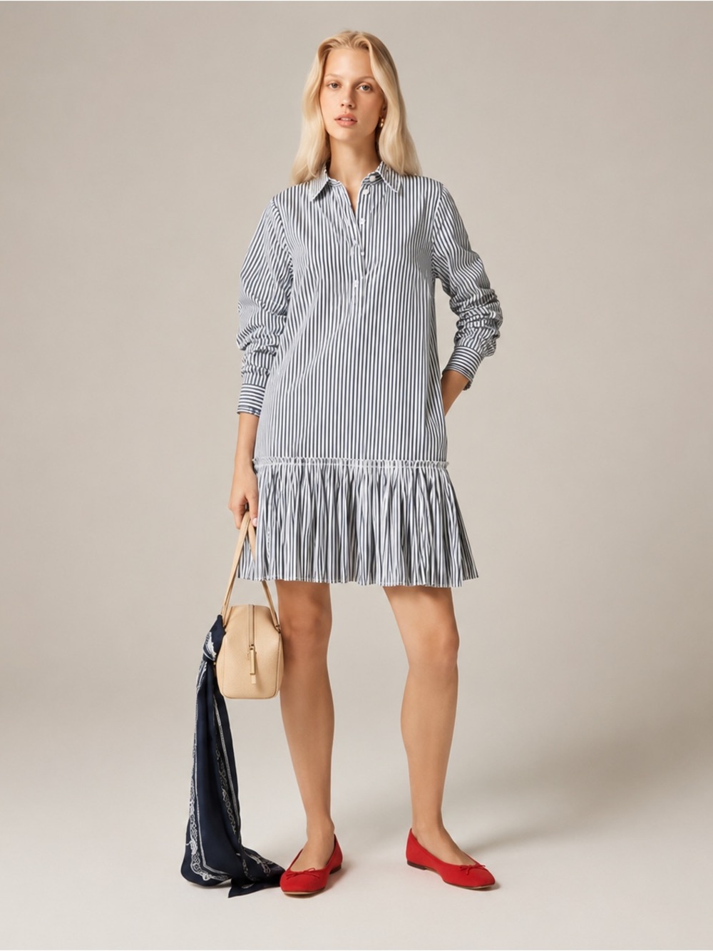 J.Crew Amelia Striped Cotton Poplin Shirt Dress Medium Navy White Ruffle Hem